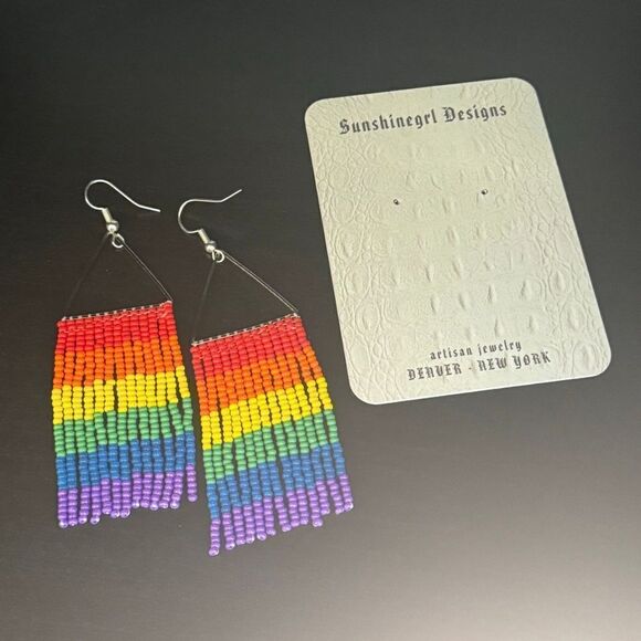 Handmade Love Is Love - LGBTQ+ Pride Beaded Rainbow Fringe Earrings - Picture 3 of 6